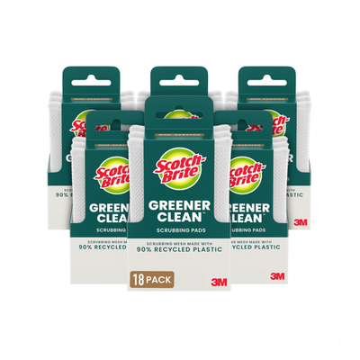 Green Scotch-Brite Greener Clean dish scrubbers with non-scratch sponges for gentle kitchen cleaning, shown in the image.