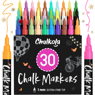 Chalkola extra fine tip liquid chalk markers for blackboards, 30-pack of pastel 1mm markers with vibrant colors.