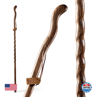 Handcrafted twisted oak wood walking stick with ergonomic handle, featuring natural wood grain and smooth finish.