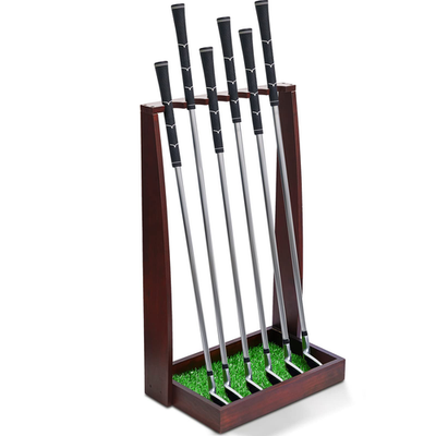 Lenwen wooden golf club holder stand with space for six clubs, designed for organizing and displaying golf putters and clubs.