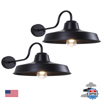 Pair of black farmhouse outdoor wall lights with gooseneck design, suitable for barn or porch lighting.