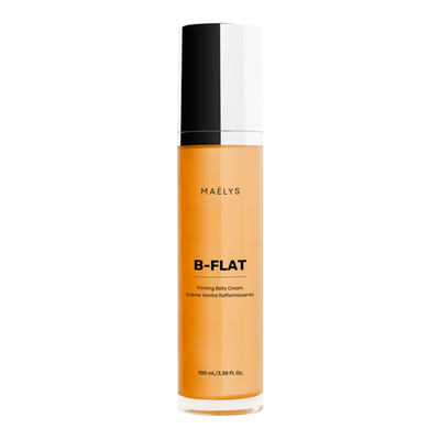 B-Flat Belly Firming Cream by Malys Cosmetics with smooth, creamy texture and a white jar for stretch mark reduction and skin firming