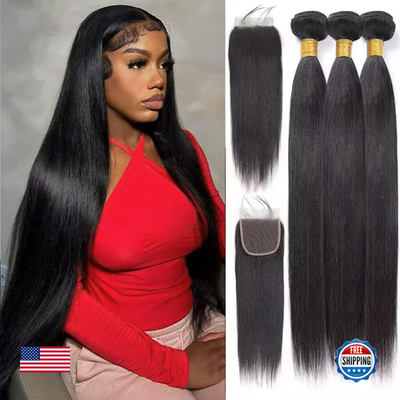 Unbranded human hair bundles with 4x4 closure in 14, 16, 18, and 20 inches, shown in natural straight style.