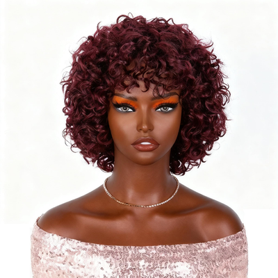 RAGMZZE Kinky Curly 12-inch pixie cut wig with bangs made of 100% Brazilian human hair in 99j color