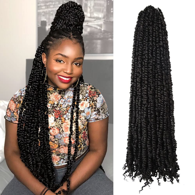 Pre-looped Bohobabe 36-inch Passion Twist hair extensions in 8 packs, showcasing long, twisted synthetic crochet hair.