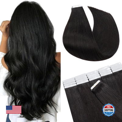 Set of 20 black human hair tape-in extensions, 50g, 22 inches long, with natural Remy hair for seamless styling.