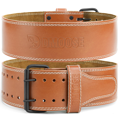 Genuine leather Dmoose weightlifting belt for men and women, shown in a natural stance with adjustable strap and sturdy construction.