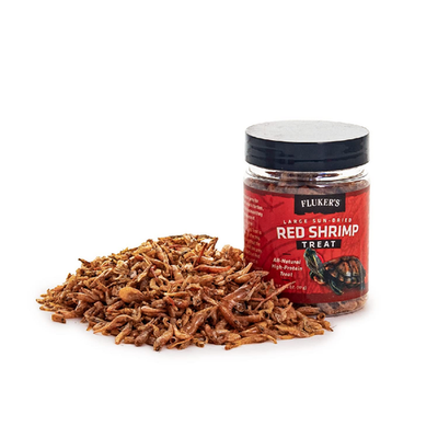 Fluker's large sun-dried red shrimp turtle food treat, high-protein, natural snack for reptiles and aquatic turtles.