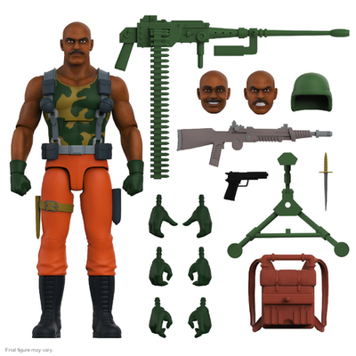 Super7 Ultimates G.I. Joe Roadblock 7-inch action figure with accessories, detailed military uniform, and gear.