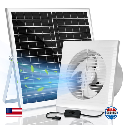 Blessny solar powered exhaust fan with 25W solar panel, ventilation vent fan for outdoor or indoor use, mounted on a wall.