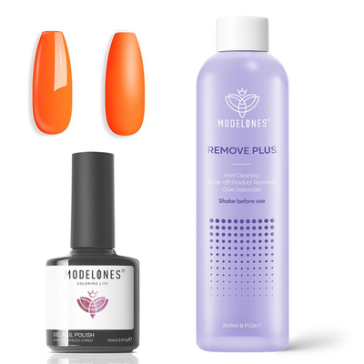 Unbranded Modelones nail polish remover with acetone, featuring a red-orange sky design on the bottle.