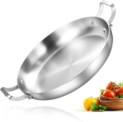 Inqibee 13-inch tri-ply stainless steel paella pan skillet with oven-safe handle, silver finish, and even heat distribution