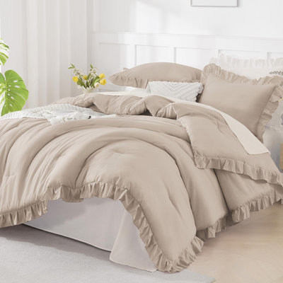 Andency khaki farmhouse comforter set with ruffled edges, full size, 3-piece shabby chic bedding ensemble.