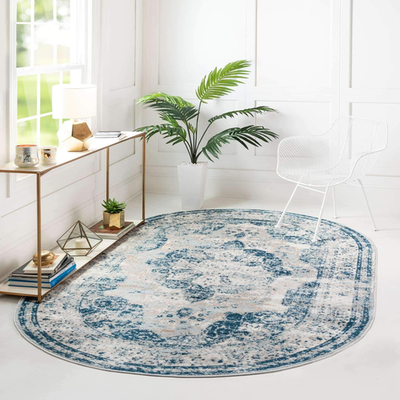 Unique Loom Sofia Collection oval area rug in Salle Garnier design with blue and ivory colors, 8x10 size, decorative floor covering
