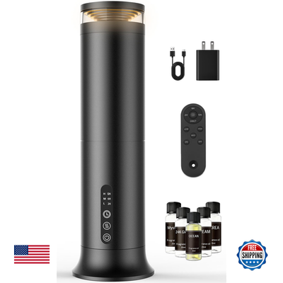 Waterless scent diffuser starter kit with nano tech, designed for 1000 sq ft, featuring sleek, modern design and two fluid containers.