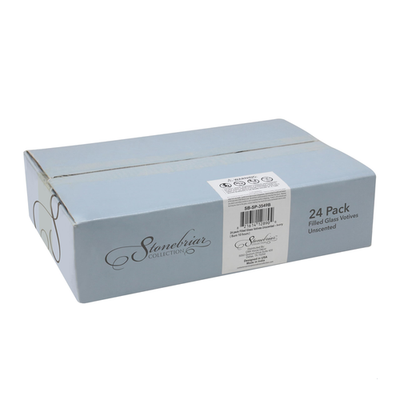 Stonebriar unscented long burning clear glass ivory wax filled votive candles in a 24-pack, displayed in clear glass holders.