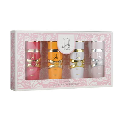 Lattafa My Yara Collection 4x25ml women’s EDP gift set with Yara, Moi, Tous, and Candy fragrances arranged in a display box