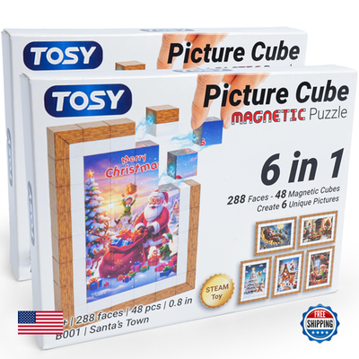 TOSY Tosy Picture Cube Santas Town 6-in-1 magnetic picture puzzle with 48 blocks and colorful holiday scene.