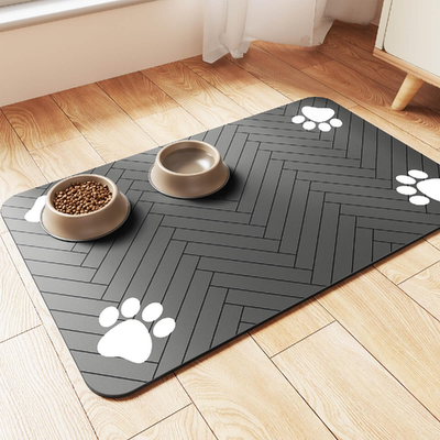 Gray waterproof rubber pet feeding mat with non-slip backing and absorbent surface
