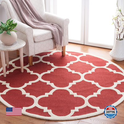 Handmade Safavieh Cambridge Collection Moroccan round rug with rust and ivory geometric pattern, traditional design, 6-foot diameter.