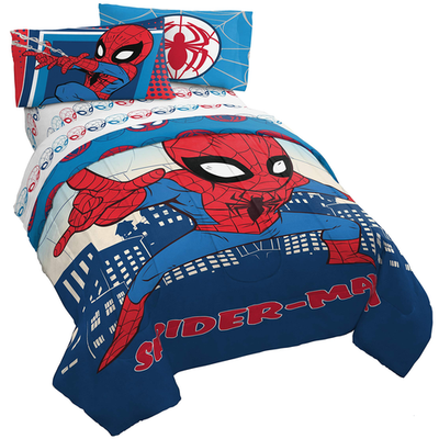 Jay Franco Marvel Super Hero Adventures Go Spidey twin bed set with Spider-Man themed bedding and pillowcases on a bed.