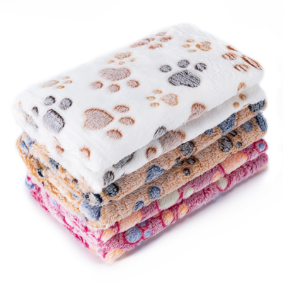 3-pack soft flannel pet blankets in brown, pink, and white with paw print design, machine washable, multiple sizes for dogs and cats