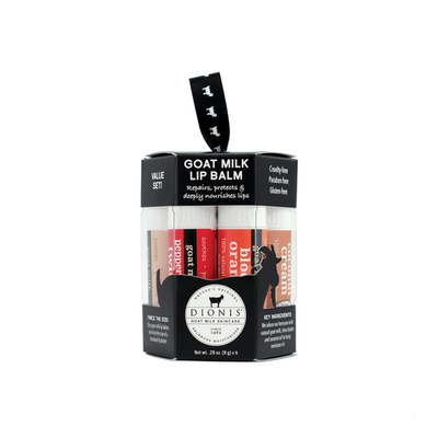 Set of six Dionis goat milk lip balm ornaments in 0.28oz containers, featuring festive packaging and natural lip care.