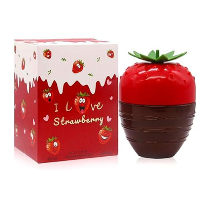 A CENTER I Love Strawberry floral perfume for women in a sleek spray bottle, showcasing the pink and red floral design.