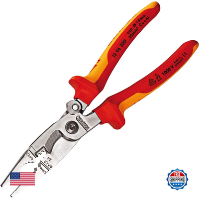 Knipex 13 96 200 electrical installation pliers with opening spring, VDE-tested, featuring insulated handles for electrical work.