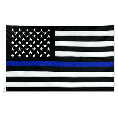 Front Line Flags Thin Blue Line USA flag, 5x8 ft, embroidered heavy-duty police flag displayed outdoors.