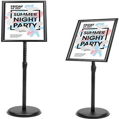 Yiyo adjustable pedestal poster sign stand holding an 8.5x11 advertising business menu, with a sturdy base and clear display area.