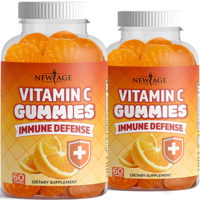 Orange vitamin C gummies by New Age Age, showing bright, citrus-flavored gummy vitamins designed to support immune health.