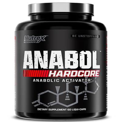 Nutrex Research Anabol Hardcore muscle builder and hardening supplement in plastic bottle with label and capsules.
