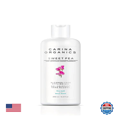 Cream-colored bottle of Ybw Carina Organics Sweet Pea Alcohol Styling Gel with a black cap, labeled as firm hold, 250ml.