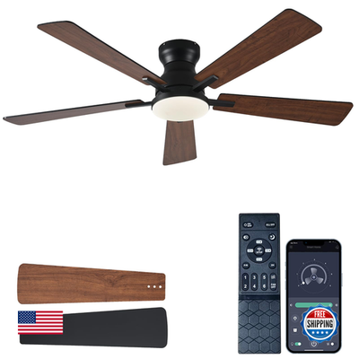 JSAITEE 52-inch ceiling fan with integrated light, remote control, and app compatibility, shown with blades and modern design