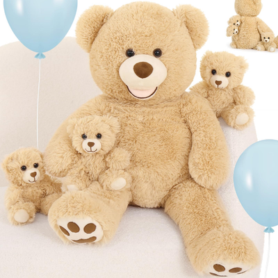 MorisMos 28" brown mommy teddy bear with 3 baby bears plush toy set