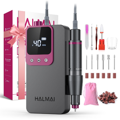 HALMAI 40000RPM cordless electric nail drill for acrylic gel nails in grey with LCD display and rechargeable battery