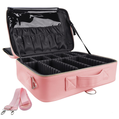 Gzcz large capacity travel makeup case organizer with multiple compartments for cosmetics and beauty accessories.
