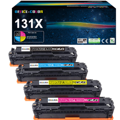 Four Office-Color 131A 131X toner cartridges for HP LaserJet Pro 200 color printers, displayed in a row.