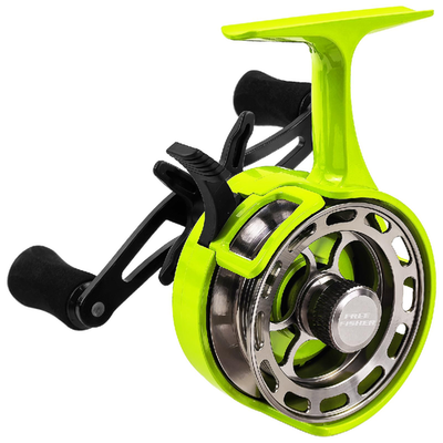Green Fisher Inline Ice Fishing Reel with 3.2:1 gear ratio and aluminum body