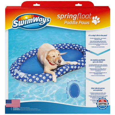 Large blue Swimways Paddle Paws dog float raft, spring float designed for dogs 65 lbs and up, featuring paws print and buoyant design.