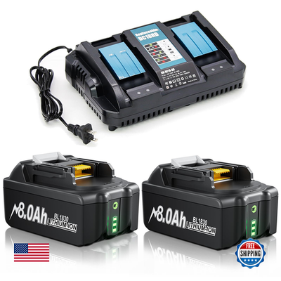 TURPOW upgraded 8.0Ah replacement battery for Makita 18V power tools with double rapid charger, shown connected and charging.