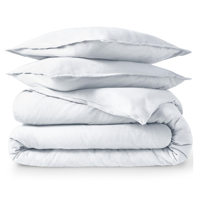 Bare Home king flannel duvet cover set made of heavyweight 100% cotton with a soft velvety finish, displayed on a bed.