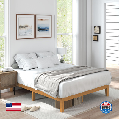 Sweetcrispy solid wood queen size bed frame with sturdy wood slat support and a sleek, natural finish for a stylish bedroom look.