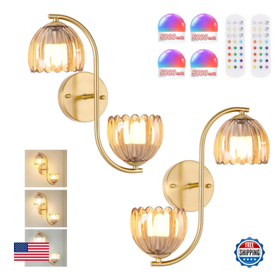 Battery operated wall sconce with two vintage brass lights, modern wall lighting fixture for indoor decor.