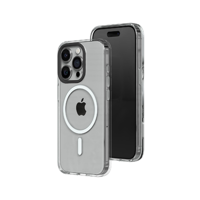 Clear RhinoShield iPhone 15 Pro Max case with MagSafe, showing slim design and 10ft drop protection in a close-up view.