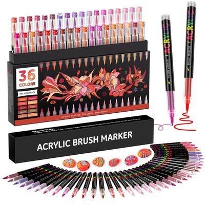 Sanyetral 36 Red Tones Acrylic Paint Markers with soft brush tips, showing vibrant red color and paint pen tip details.