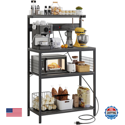 Sweetcrispy kitchen bakers rack with power outlet, four-tier coffee bar table and microwave storage, sturdy steel frame and wood shelves
