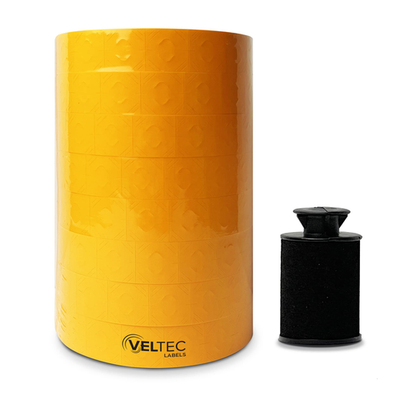 Veltec pricing labels for Monarch 1136 labeler, 8 rolls with two-line 14,000 labels, showing labels on a roll.