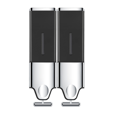 EHORIA 2-in-1 shower dispenser mounted on bathroom wall, holding soap, shampoo, and conditioner bottles.